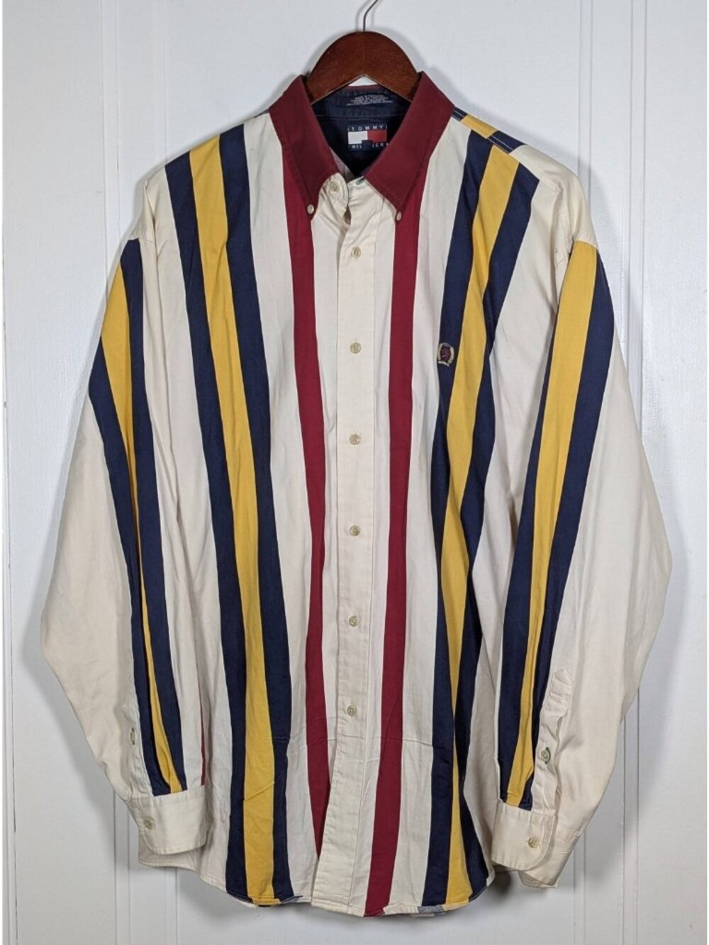 Tommy Hilfiger Button Up Shirt Men's Large Crest Colorful Stripe 90s Retro VTG